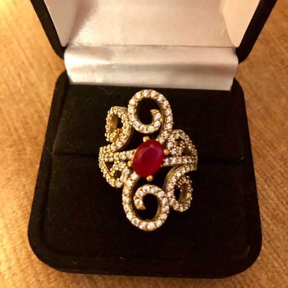 Silver & Bronze Ruby & Diamond Topaz Ring Size 8.5 - Picture 5 of 8